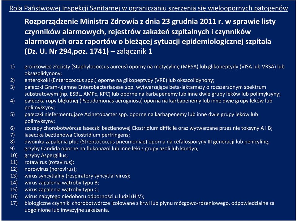 1741) załącznik 1 1) gronkowiec złocisty (Staphylococcusaureus) oporny na metycylinę(mrsa) lub glikopeptydy(visa lub VRSA) lub oksazolidynony; 2) enterokoki(enterococcus spp.