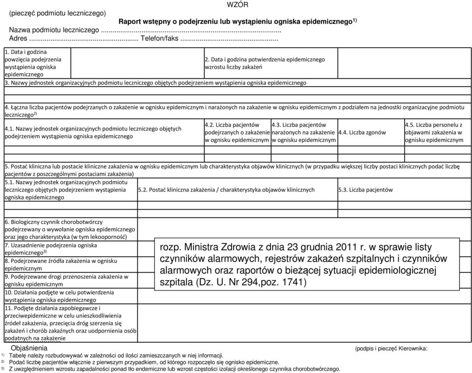 Łączna liczba pacjentów podejrzanych o zakażenie w ognisku epidemicznym i narażonych na zakażenie w ognisku epidemicznym z podziałem na jednostki organizacyjne podmiotu leczniczego 2) 4.1.