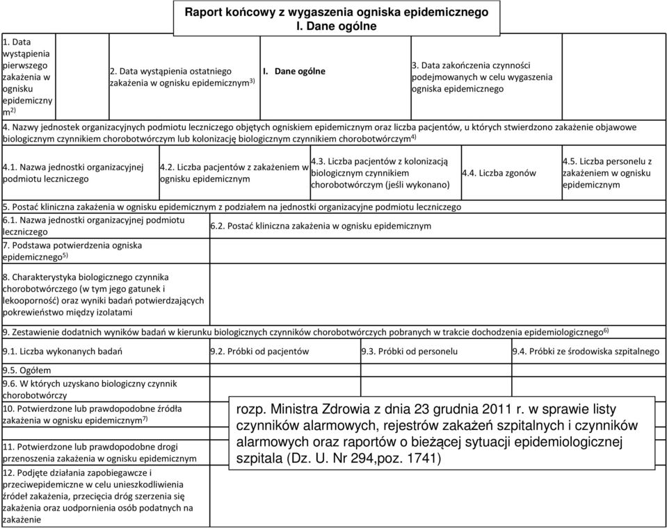 Nazwy jednostek organizacyjnych podmiotu leczniczego objętych ogniskiem epidemicznym oraz liczba pacjentów, u których stwierdzono zakażenie objawowe biologicznym czynnikiem chorobotwórczym lub