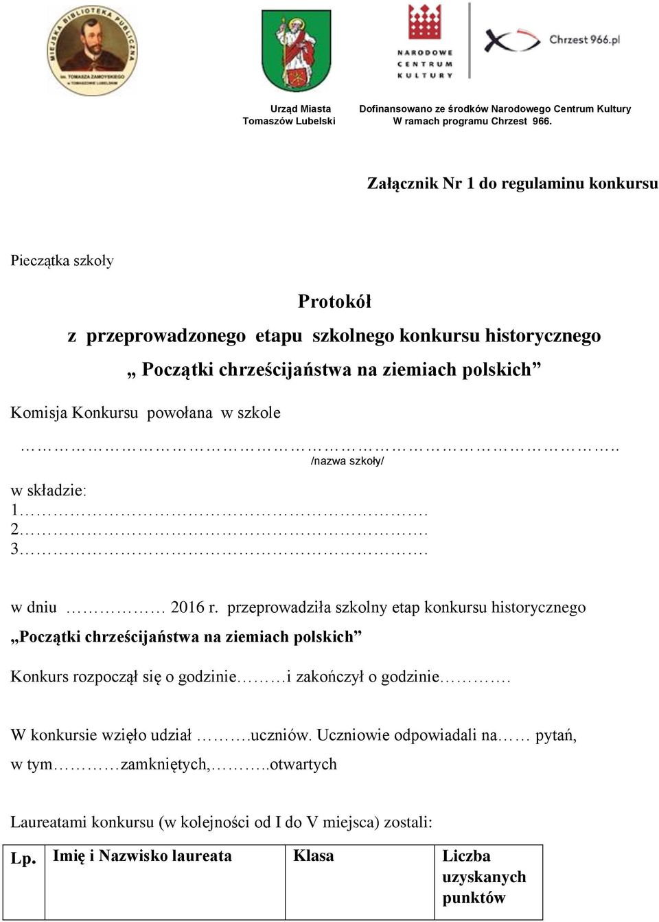 powołana w szkole.. /nazwa szkoły/ w składzie: 1. 2. 3. w dniu 2016 r.