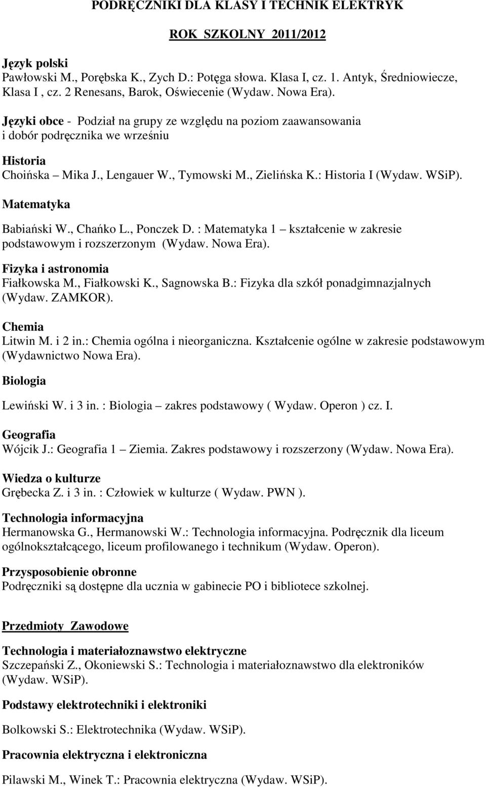 Kształcenie ogólne w zakresie podstawowym (Wydawnictwo Nowa Era). Lewiński W. i 3 in. : zakres podstawowy ( Wydaw. Operon ) cz. I. Wójcik J.: 1 Ziemia. Zakres podstawowy i rozszerzony Grębecka Z.