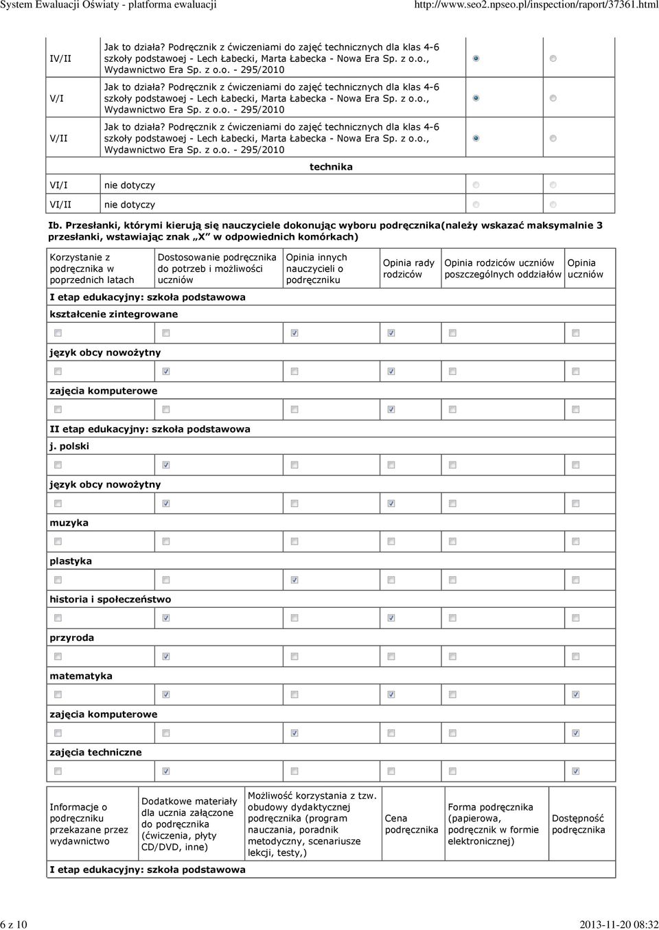 Przesłanki, którymi kierują się nauczyciele dokonując wyboru podręcznika(należy wskazać maksymalnie 3 przesłanki, wstawiając znak X w odpowiednich komórkach) Korzystanie z podręcznika w poprzednich