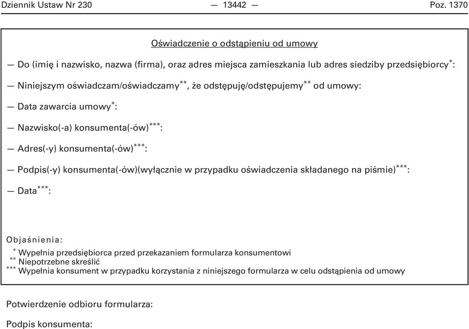 oświadczam/oświadczamy **, że odstępuję/odstępujemy ** od umowy: Data zawarcia umowy * : Nazwisko(-a) konsumenta(-ów) *** : Adres(-y) konsumenta(-ów) *** : Podpis(-y)