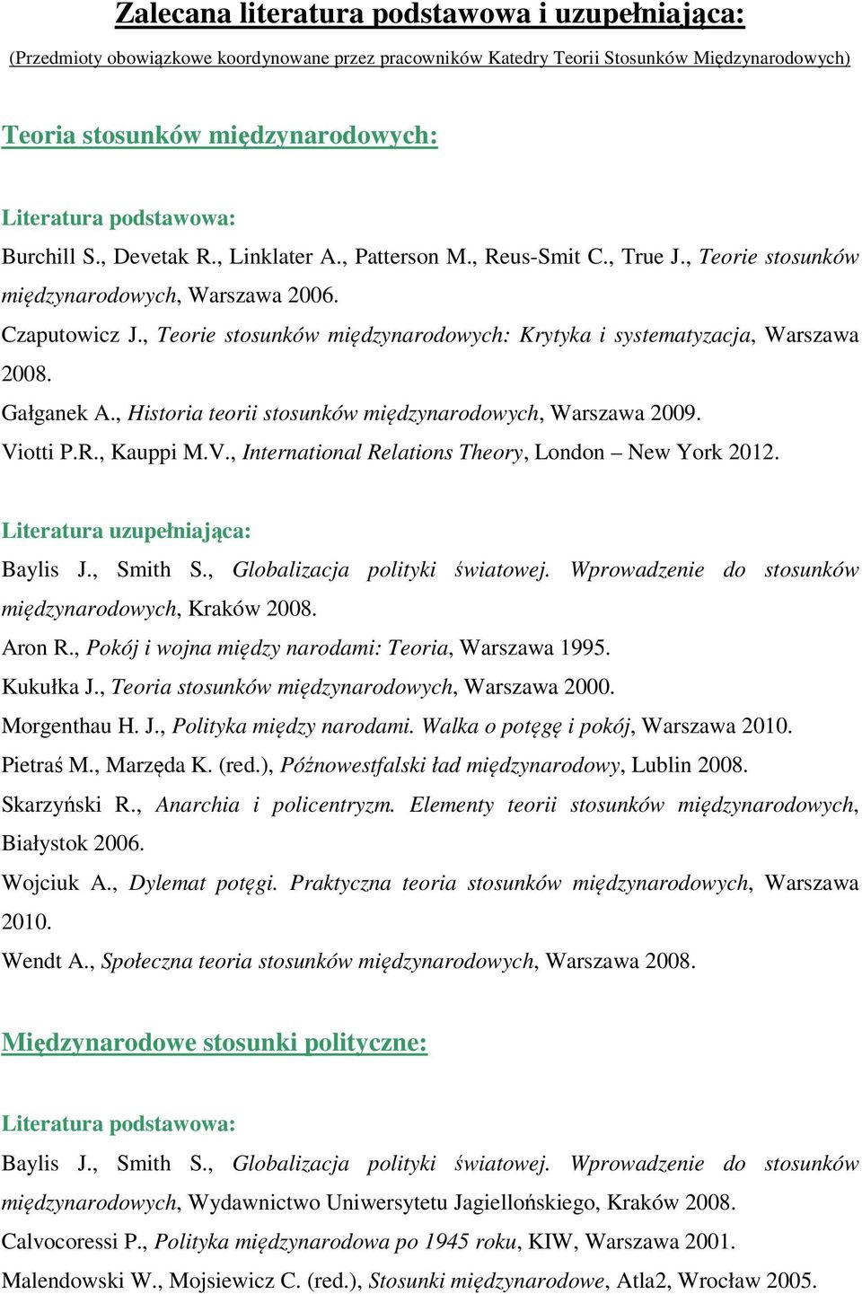 , Teorie stosunków międzynarodowych: Krytyka i systematyzacja, Warszawa 2008. Gałganek A., Historia teorii stosunków międzynarodowych, Warszawa 2009. Vi