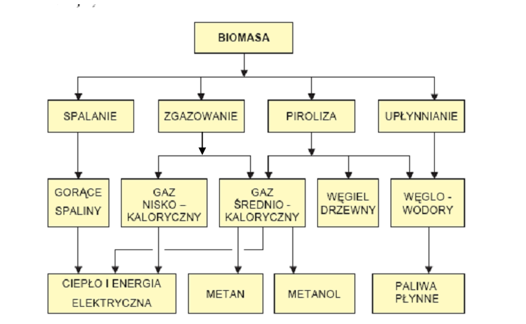 Rysunek 16. Technologie, produkty pośrednie i końcowe termochemicznej konwersji biomasy. Źródło: Spalanie i współspalanie biomasy przewodnik. (Opole, 2010r.