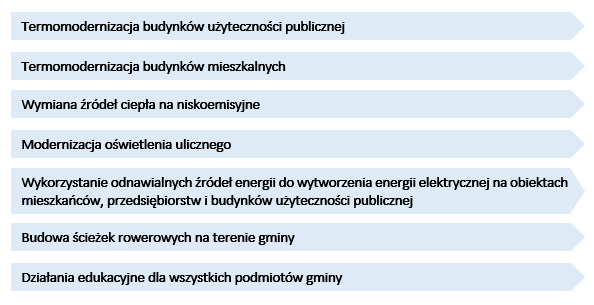 Do celów szczegółowych przewidzianych dla gminy Poczesna należą: Redukcja emisji dwutlenku węgla o 10,41% w stosunku do roku bazowego 2014 Redukcja zużycia energii finalnej na terenie gminy o 10,82%