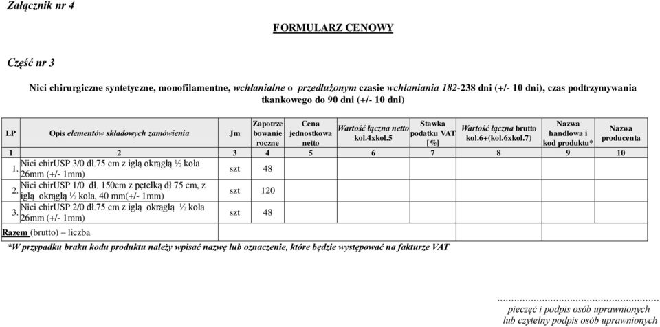 6+(kol.6xkol.7) producenta roczne netto [%] kod produktu* 1 2 3 4 5 6 7 8 9 10 Nici chirusp 3/0 dł.75 cm z iglą okrągłą ½ koła 1. 26mm (+/- 1mm) szt 48 Nici chirusp 1/0 dł.