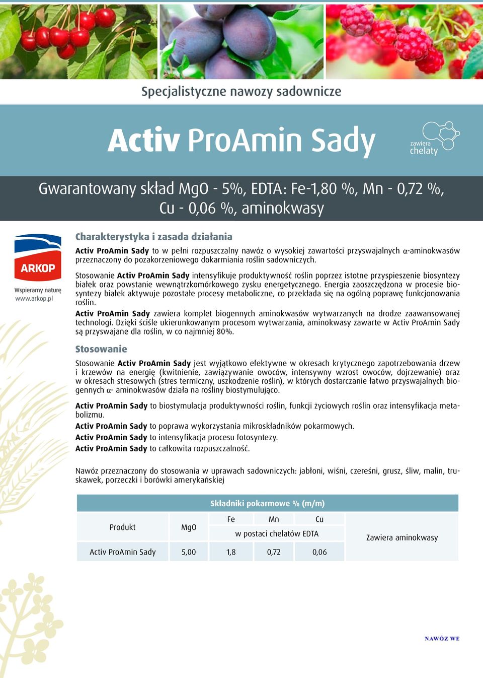 pl Stosowanie Activ ProAmin Sady intensyfikuje produktywność roślin poprzez istotne przyspieszenie biosyntezy białek oraz powstanie wewnątrzkomórkowego zysku energetycznego.