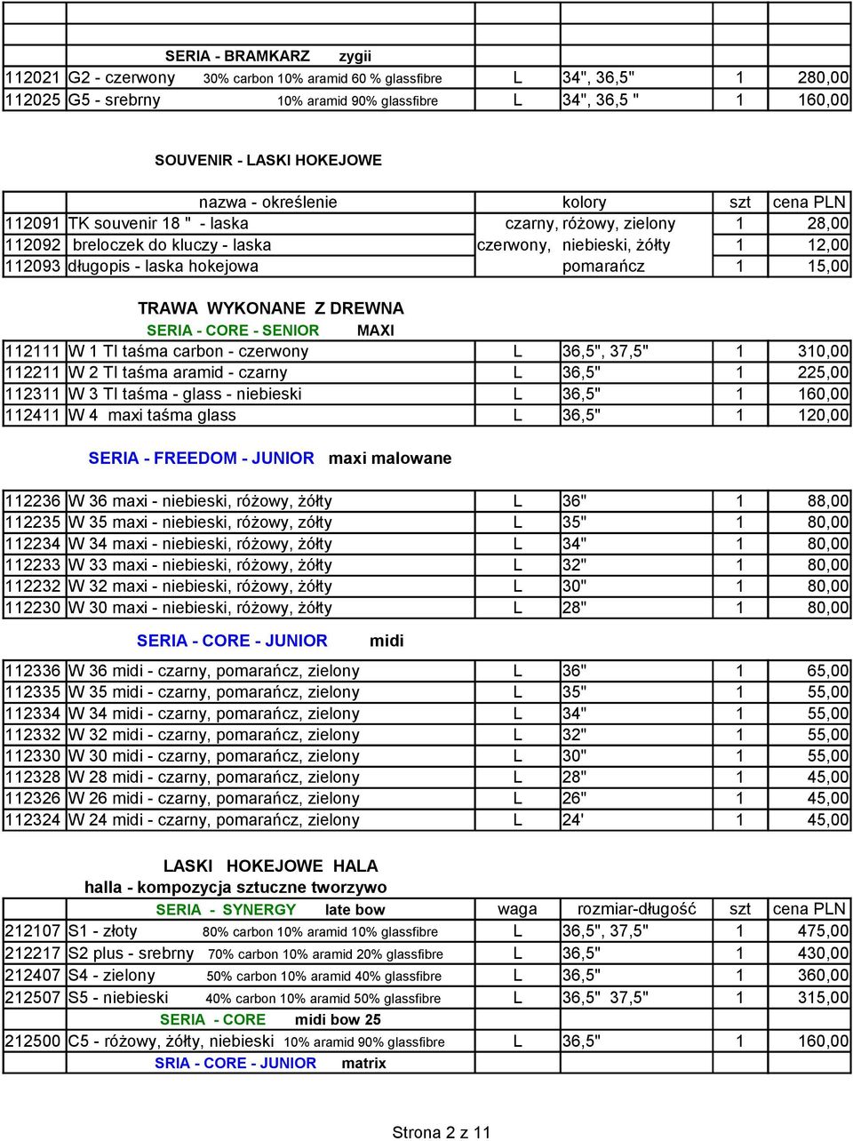 hokejowa pomarańcz 1 15,00 TRAWA WYKONANE Z DREWNA SERIA - CORE - SENIOR MAXI 112111 W 1 TI taśma carbon - czerwony L 36,5", 37,5" 1 310,00 112211 W 2 TI taśma aramid - czarny L 36,5" 1 225,00 112311