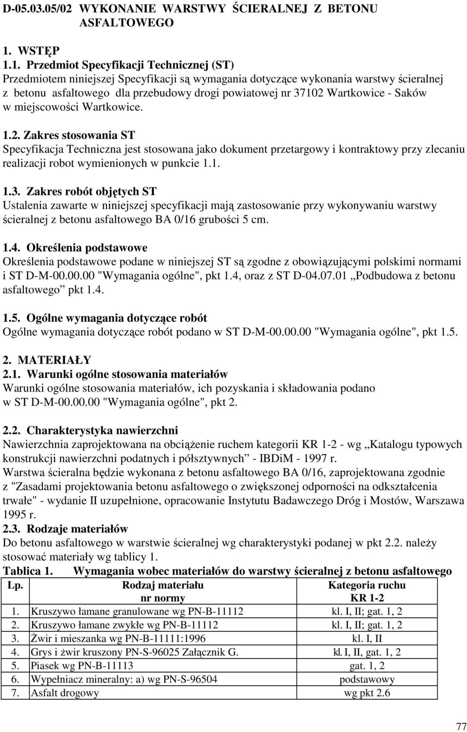 1. Przedmiot Specyfikacji Technicznej (ST) Przedmiotem niniejszej Specyfikacji są wymagania dotyczące wykonania warstwy ścieralnej z betonu asfaltowego dla przebudowy drogi powiatowej nr 37102