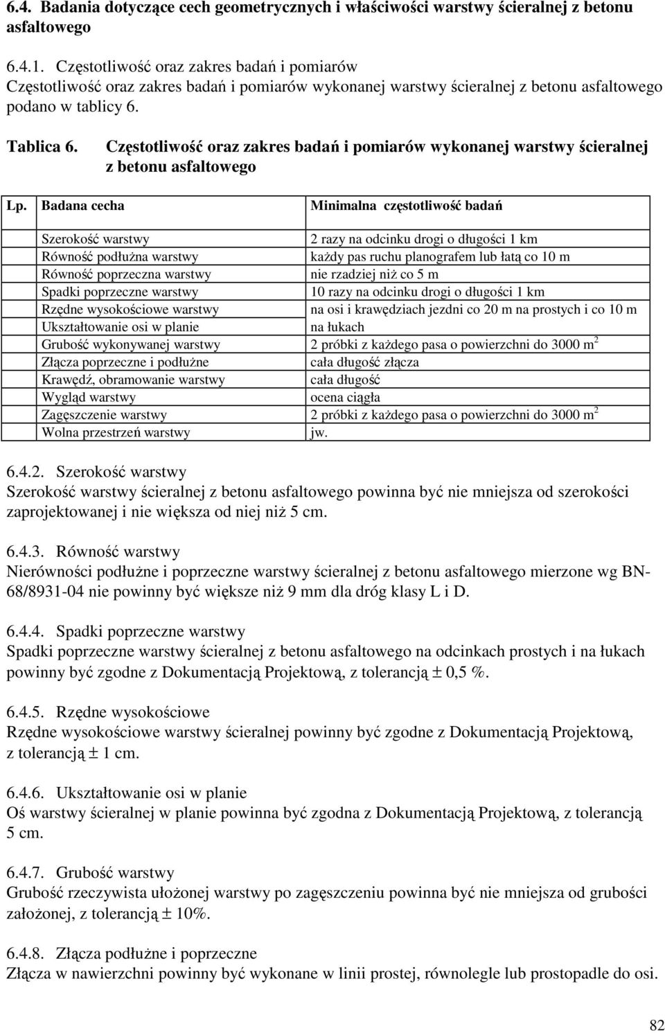 Częstotliwość oraz zakres badań i pomiarów wykonanej warstwy ścieralnej z betonu asfaltowego Lp.