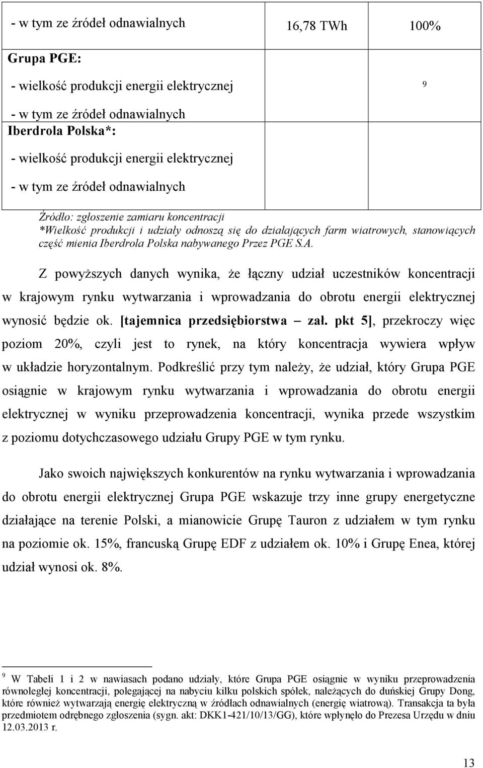 Przez PGE S.A. Z powyŝszych danych wynika, Ŝe łączny udział uczestników koncentracji w krajowym rynku wytwarzania i wprowadzania do obrotu energii elektrycznej wynosić będzie ok.