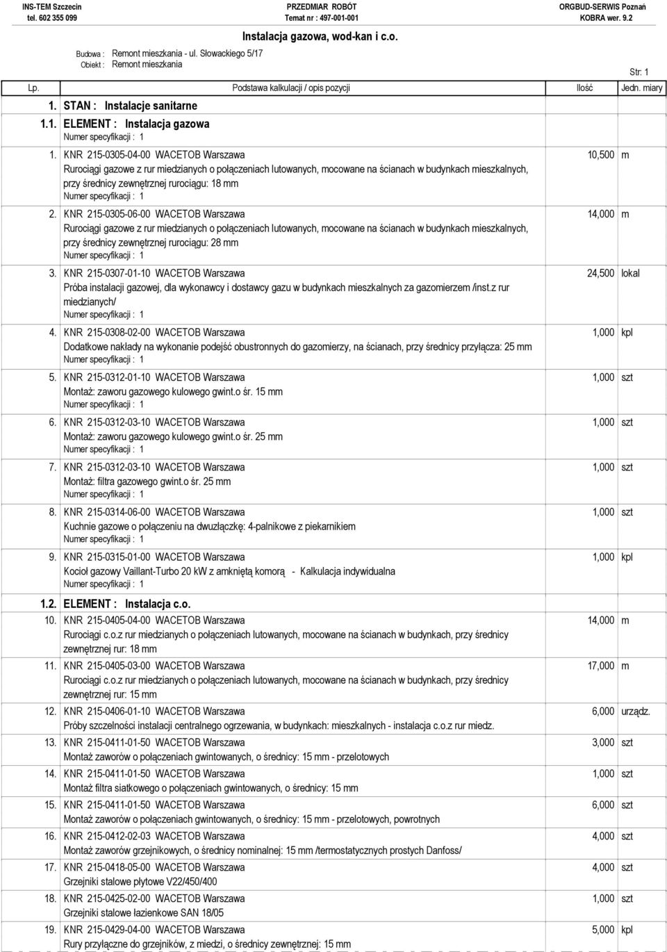 KNR 215-0305-06-00 WACETOB Warszawa 14,000 m Rurociągi gazowe z rur miedzianych o połączeniach lutowanych, mocowane na ścianach w budynkach mieszkalnych, przy średnicy zewnętrznej rurociągu: 28 mm 3.