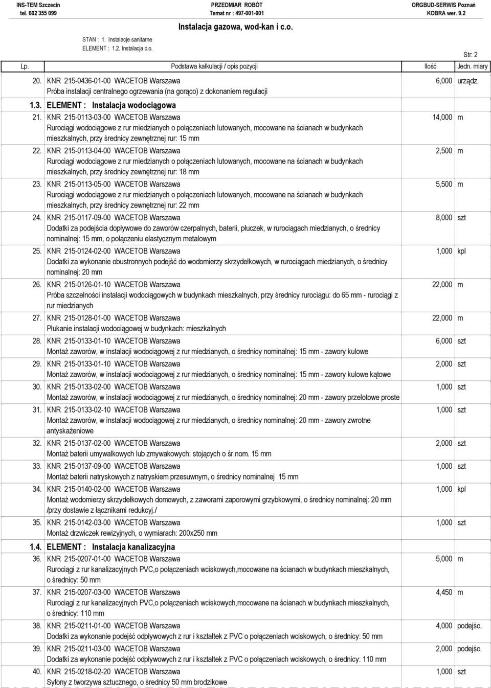 KNR 215-0113-04-00 WACETOB Warszawa 2,500 m Rurociągi wodociągowe z rur miedzianych o połączeniach lutowanych, mocowane na ścianach w budynkach mieszkalnych, przy średnicy zewnętrznej rur: 18 mm 23.