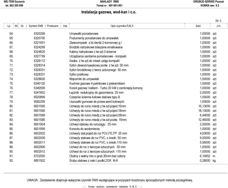 6327799 Urządzenia sanitarne porcelanowe - kompakt 1,00000 szt 70. 6328112 Sedes z tw.szt.do misek ustęp.kompakt 1,00000 szt 71. 6328314 Syfon zlewozmywakowy podw. z tw.szt. 50 mm 1,00000 szt 72.