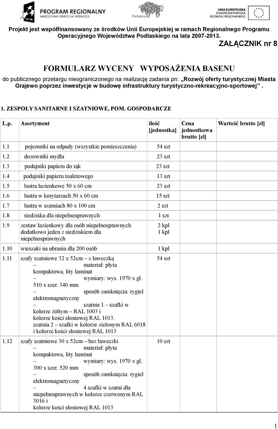 infrastruktury turystyczno-rekreacyjno-sportowej. 1. ZESPOŁY SANITARNE I SZATNIOWE, POM. GOSPODARCZE 1.1 pojemniki na odpady (wszystkie pomieszczenia) 54 szt 1.2 dozowniki mydła 23 szt 1.