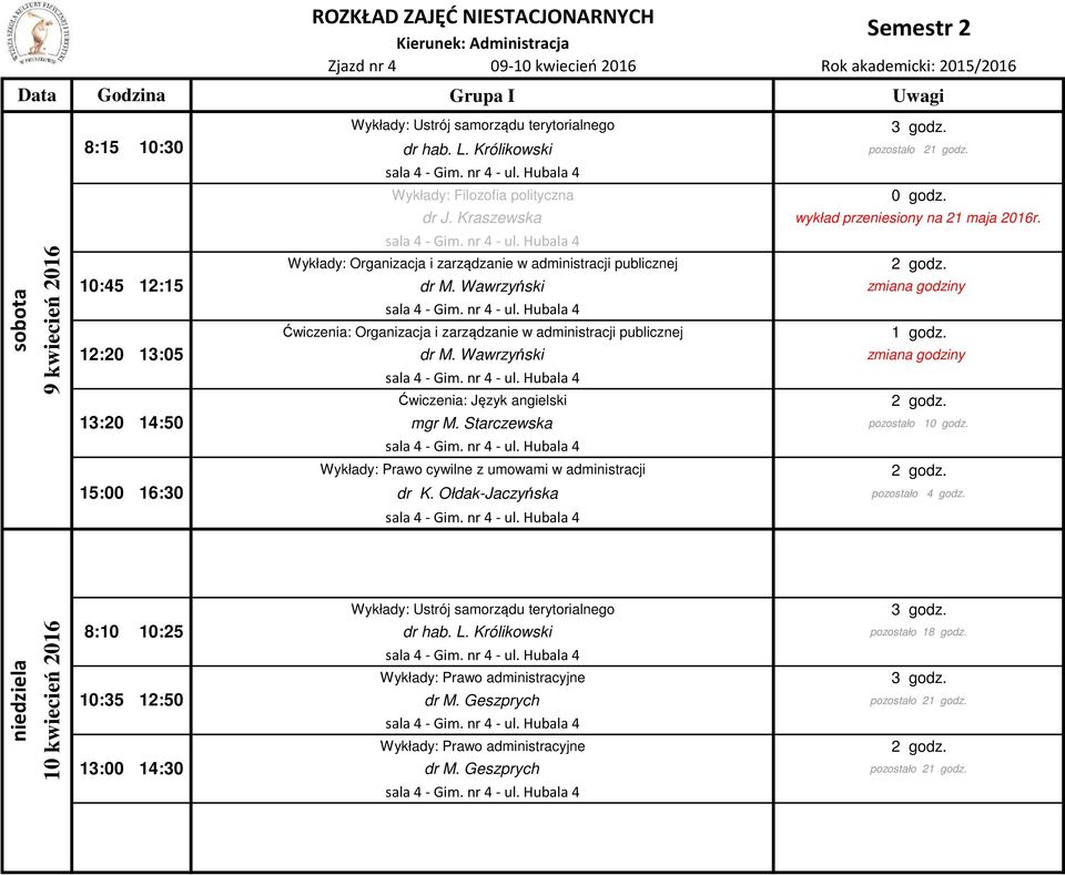 sala 4 - Gim. nr 4 - ul. Hubala 4 2 zmiana godziny zmiana godziny pozostało 10 godz. sala 4 - Gim. nr 4 - ul. Hubala 4 pozostało 4 godz.