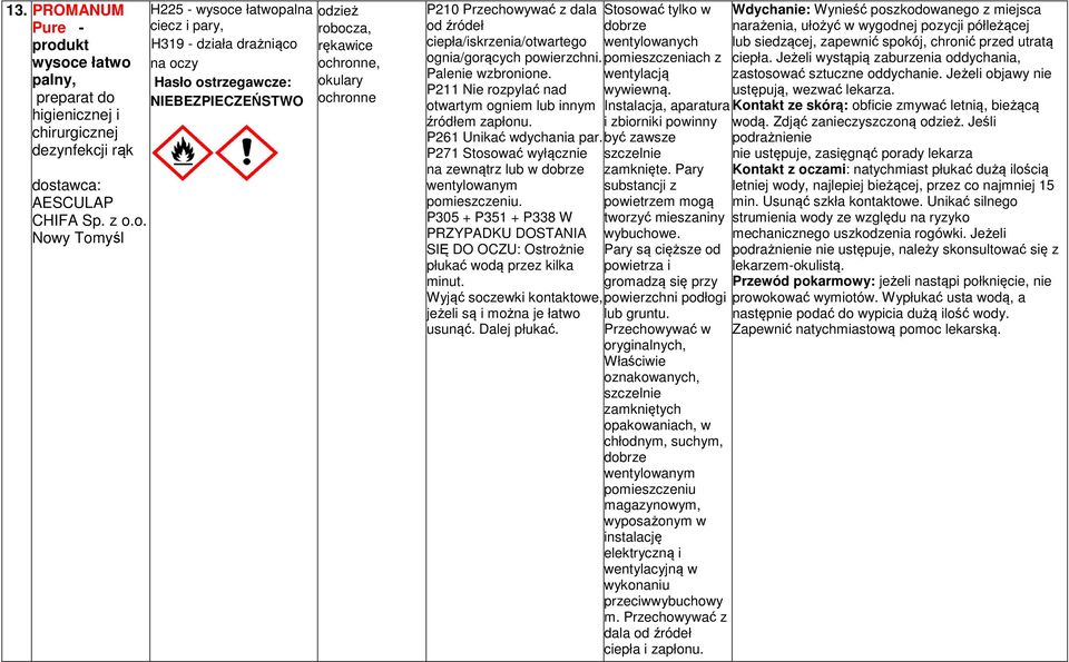 Palenie wzbronione. P211 Nie rozpylać nad otwartym ogniem lub innym źródłem zapłonu. P261 Unikać wdychania par. P271 Stosować wyłącznie na zewnątrz lub w pomieszczeniu.