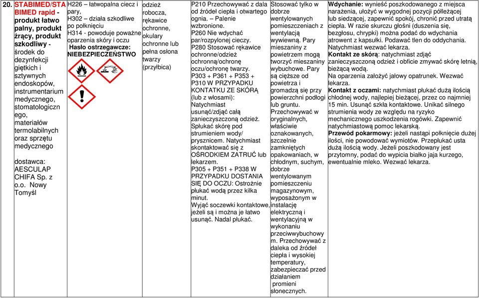 Palenie wzbronione. P260 Nie wdychać par/rozpylonej cieczy. P280 Stosować / ochronną/ochronę oczu/ochronę twarzy.