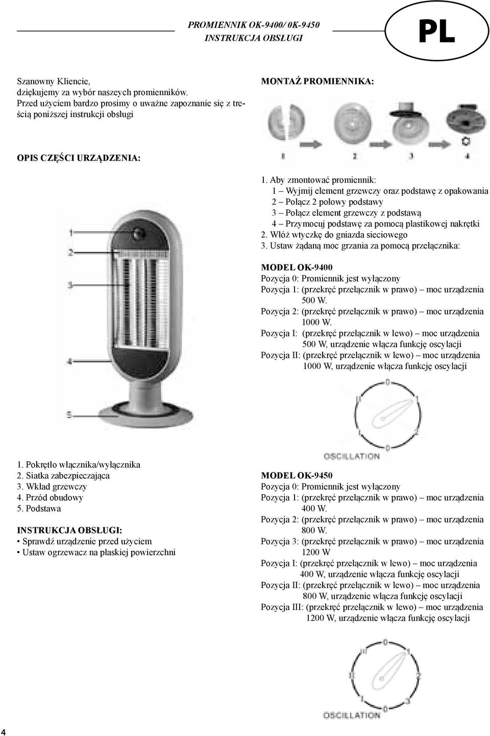 Aby zmontować promiennik: 1 Wyjmij element grzewczy oraz podstawę z opakowania 2 Połącz 2 połowy podstawy 3 Połącz element grzewczy z podstawą 4 Przymocuj podstawę za pomocą plastikowej nakrętki 2.