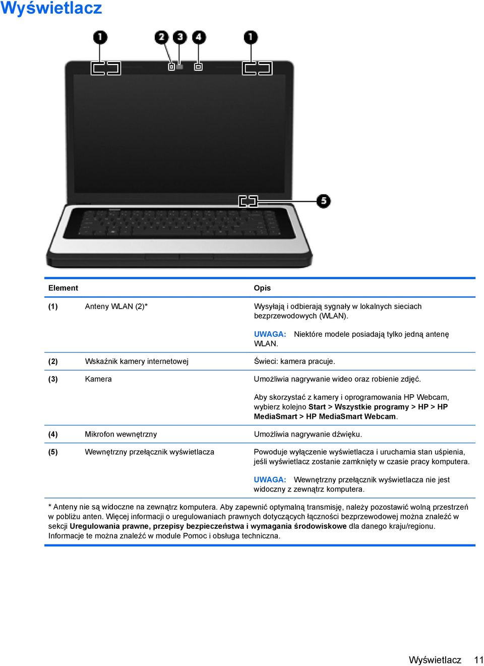 Aby skorzystać z kamery i oprogramowania HP Webcam, wybierz kolejno Start > Wszystkie programy > HP > HP MediaSmart > HP MediaSmart Webcam. (4) Mikrofon wewnętrzny Umożliwia nagrywanie dźwięku.