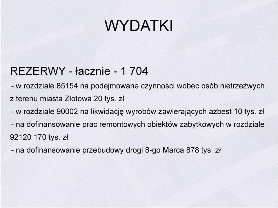 zł - w rozdziale 90002 na likwidację wyrobów zawierających azbest 10 tys.