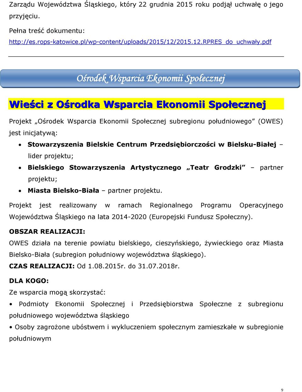 Bielskie Centrum Przedsiębiorczości w Bielsku-Białej lider projektu; Bielskiego Stowarzyszenia Artystycznego Teatr Grodzki partner projektu; Miasta Bielsko-Biała partner projektu.