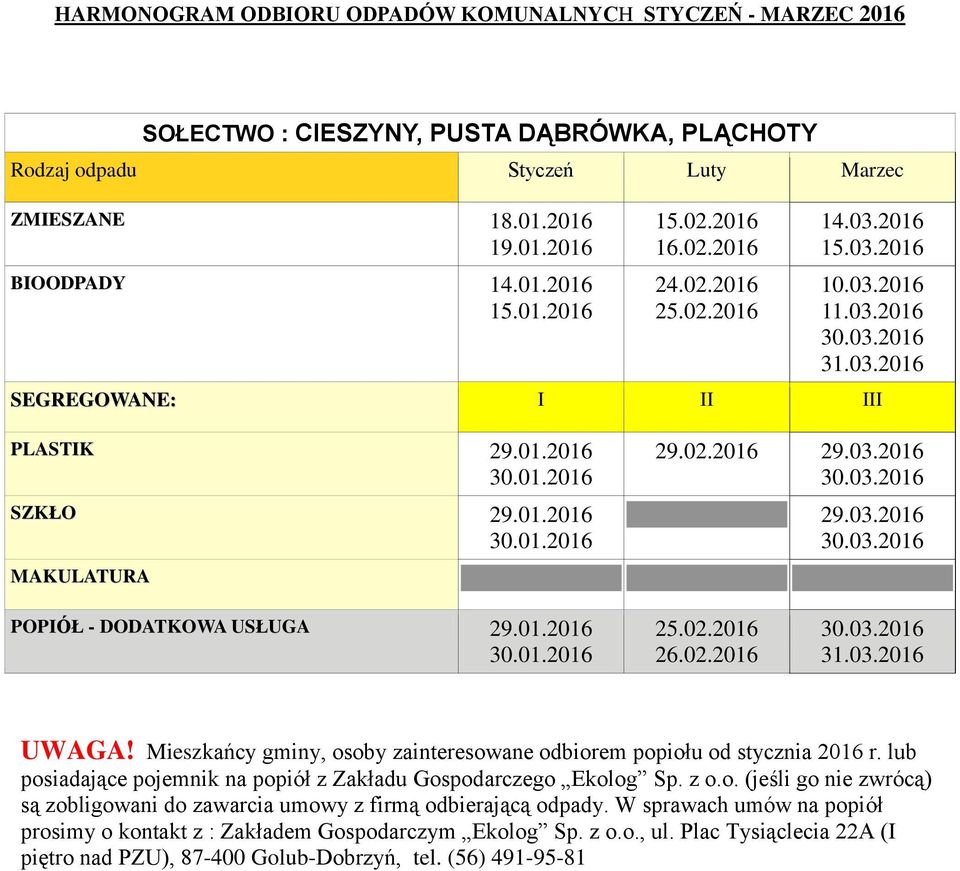 02.2016 14.03.2016 15.03.2016 PLASTIK 29.01.2016 SZKŁO 29.