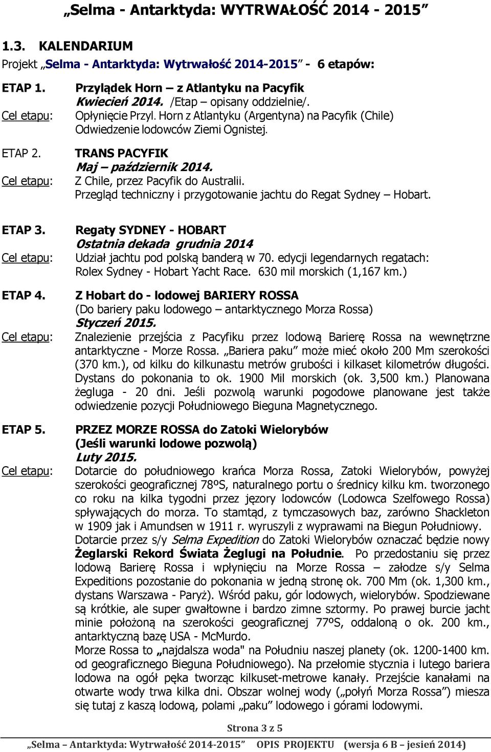 Przegląd techniczny i przygotowanie jachtu do Regat Sydney Hobart. ETAP 3. ETAP 4. ETAP 5. Regaty SYDNEY - HOBART Ostatnia dekada grudnia 2014 Udział jachtu pod polską banderą w 70.