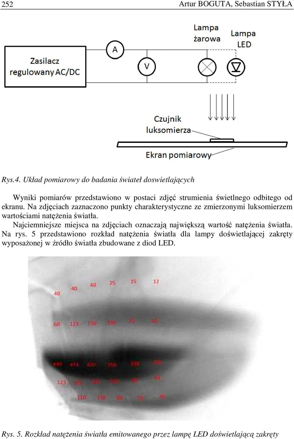 Na zdjęciach zaznaczono punkty charakterystyczne ze zmierzonymi luksomierzem wartościami natęŝenia światła.