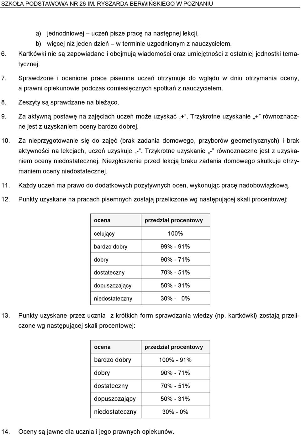 Sprawdzone i ocenione prace pisemne uczeń otrzymuje do wglądu w dniu otrzymania oceny, a prawni opiekunowie podczas comiesięcznych spotkań z nauczycielem. 8. Zeszyty są sprawdzane na bieżąco. 9.