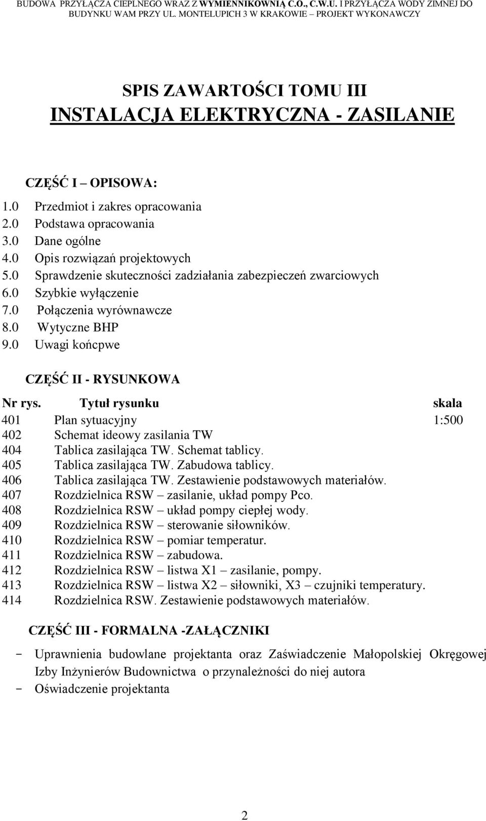 Tytuł rysunku skala 401 Plan sytuacyjny 1:500 402 Schemat ideowy zasilania TW 404 Tablica zasilająca TW. Schemat tablicy. 405 Tablica zasilająca TW. Zabudowa tablicy. 406 Tablica zasilająca TW.