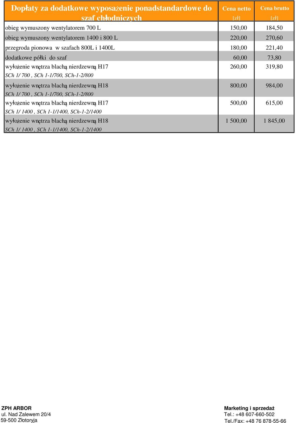 319,80 800,00 984,00 500,00 615,00 SCh 1/ 700, SCh 1-1/700, SCh-1-2/800 wyłożenie wnętrza blachą nierdzewną H18 SCh 1/ 700, SCh 1-1/700, SCh-1-2/800 wyłożenie
