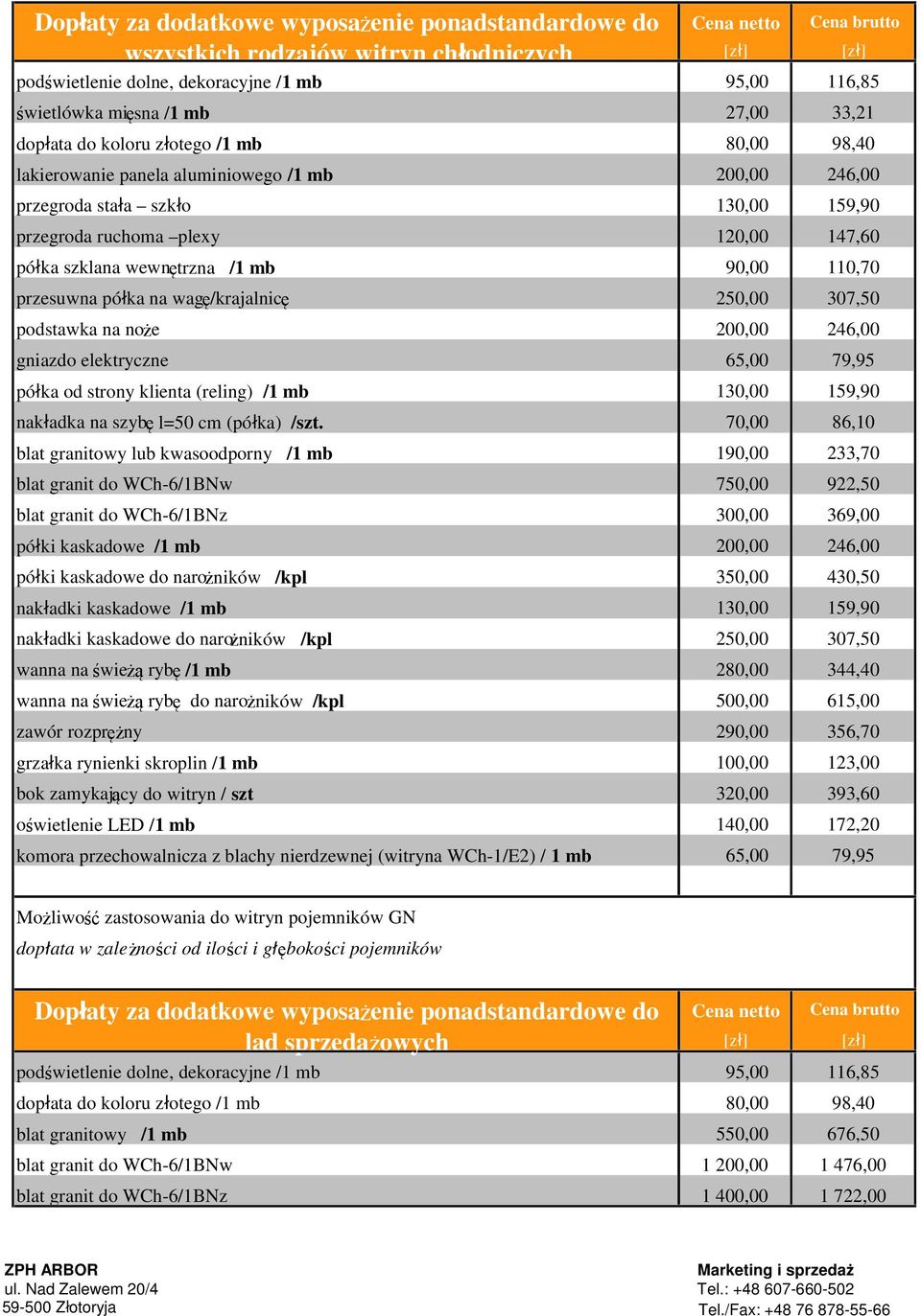 wagę/krajalnicę 250,00 307,50 podstawka na noże 200,00 246,00 gniazdo elektryczne 65,00 79,95 130,00 159,90 nakładka na szybę l=50 cm (półka) /szt.