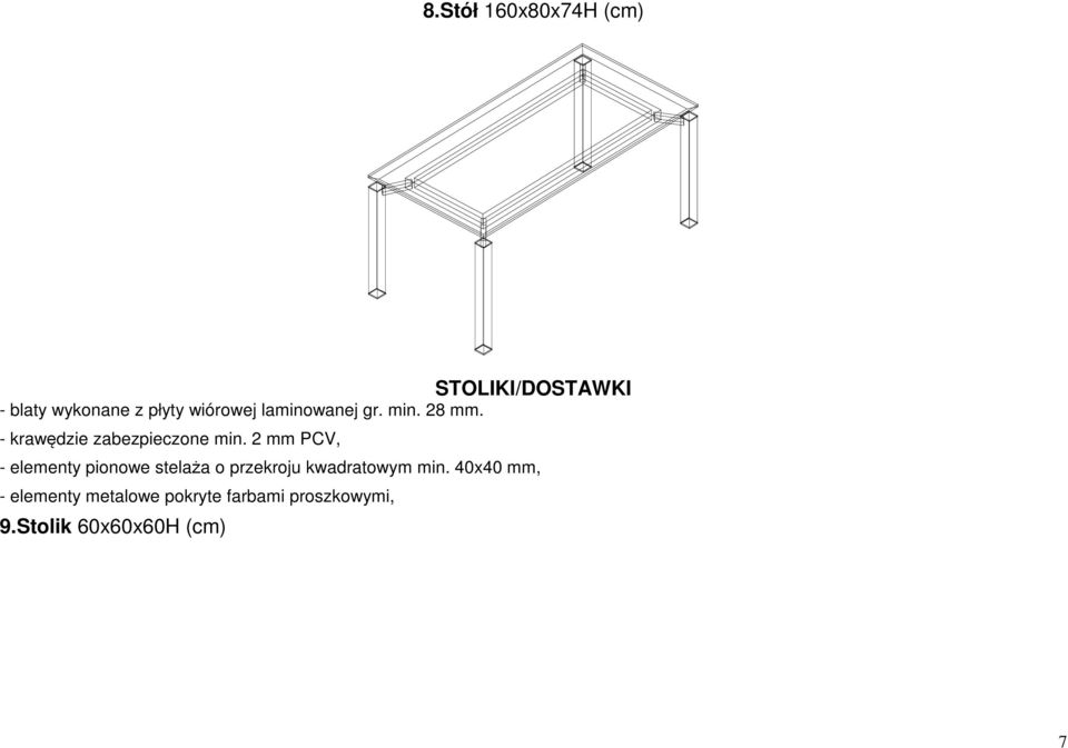 2 mm PCV, - elementy pionowe stelaża o przekroju kwadratowym min.