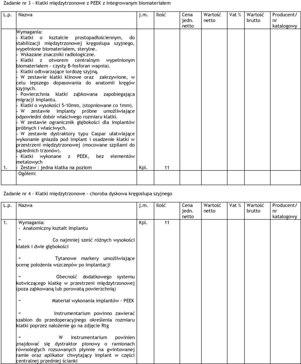 - W zestawie klatki klinowe oraz zakrzywione, w celu lepszego dopasowania do anatomii kręgów szyjnych. - Powierzchnia klatki ząbkowana zapobiegająca migracji implantu.