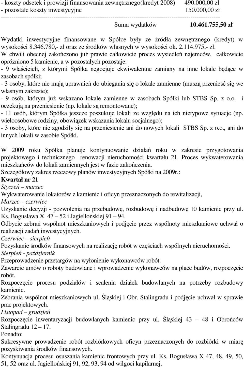 755,50 zł Wydatki inwestycyjne finansowane w Spółce były ze źródła zewnętrznego (kredyt) w wysokości 8.346.780,- zł oraz ze środków własnych w wysokości ok. 2.114.975,- zł.