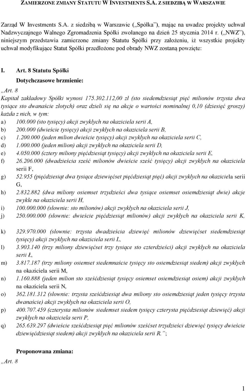 8 Statutu Spółki Art. 8 Kapitał zakładowy Spółki wynosi 175.302.