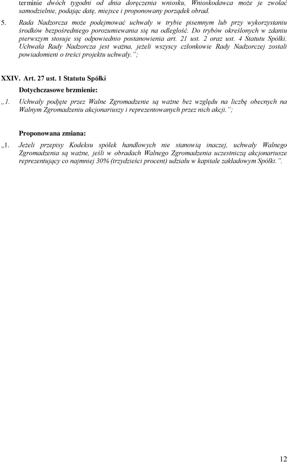 Do trybów określonych w zdaniu pierwszym stosuje się odpowiednio postanowienia art. 21 ust. 2 oraz ust. 4 Statutu Spółki.