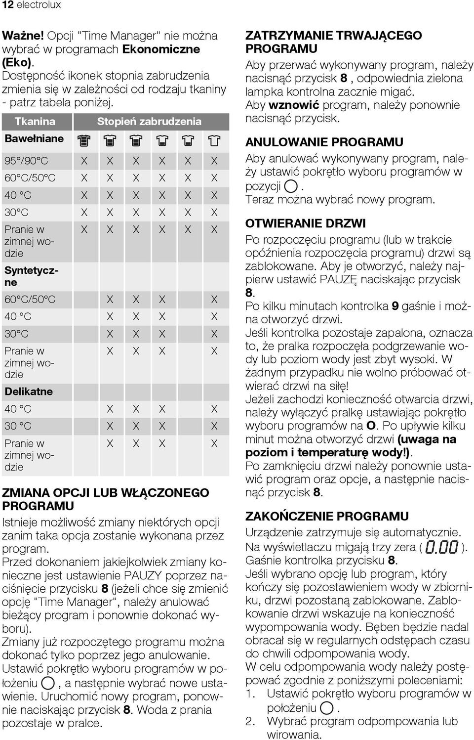 X X X X Pranie w X X X X zimnej wodzie Delikatne 40 C X X X X 30 C X X X X Pranie w zimnej wodzie X X X X ZMIANA OPCJI LUB WŁĄCZONEGO PROGRAMU Istnieje możliwość zmiany niektórych opcji zanim taka