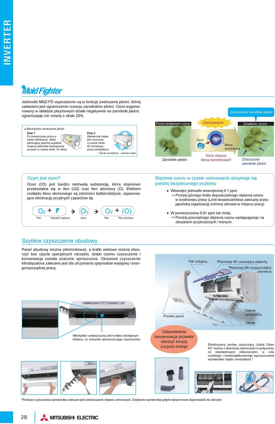 Mechanizm zwalczania pleśni Etap 1 Po zakończeniu pracy w O trybie chłodzenia, układ generujący plazmę wypełnia wnętrze jednostki wewnętrznej ozonem w czasie około 15 minut.