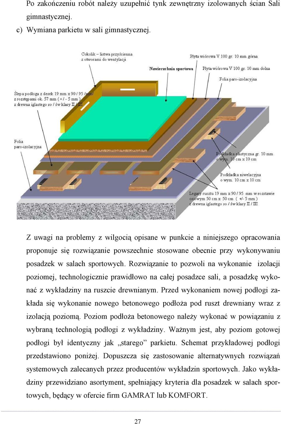 Rozwiązanie to pozwoli na wykonanie izolacji poziomej, technologicznie prawidłowo na całej posadzce sali, a posadzkę wykonać z wykładziny na ruszcie drewnianym.