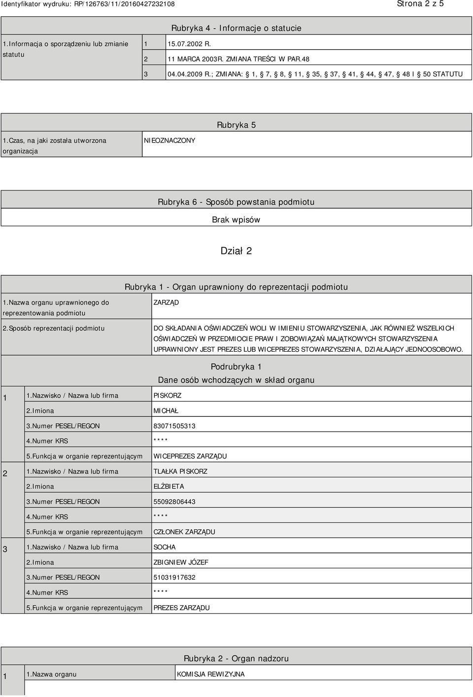 Czas, na jaki została utworzona organizacja NIEOZNACZONY Rubryka 6 - Sposób powstania podmiotu Dział 2 Rubryka 1 - Organ uprawniony do reprezentacji podmiotu 1.