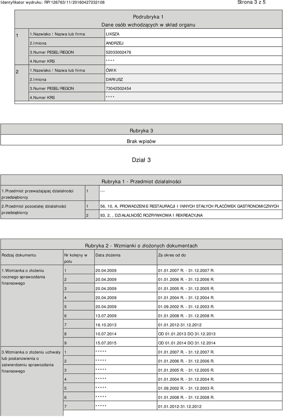 Przedmiot pozostałej działalności przedsiębiorcy 1 --- 1 56, 10, A, PROWADZENIE RESTAURACJI I INNYCH STAŁYCH PLACÓWEK GASTRONOMICZNYCH 2 93, 2,, DZIAŁALNOŚĆ ROZRYWKOWA I REKREACYJNA Rubryka 2 -