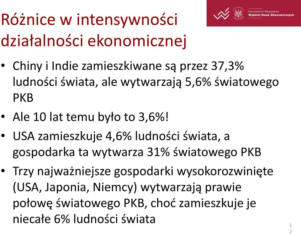 USA zamieszkuje 4,6% ludności świata, a gospodarka ta wytwarza 31% światowego PKB Trzy najważniejsze