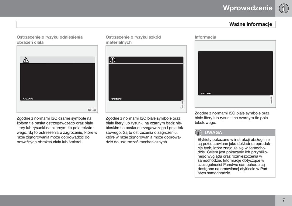 Zgodne z normami ISO białe symbole oraz białe litery lub rysunki na czarnym bądź niebieskim tle paska ostrzegawczego i pola tekstowego.