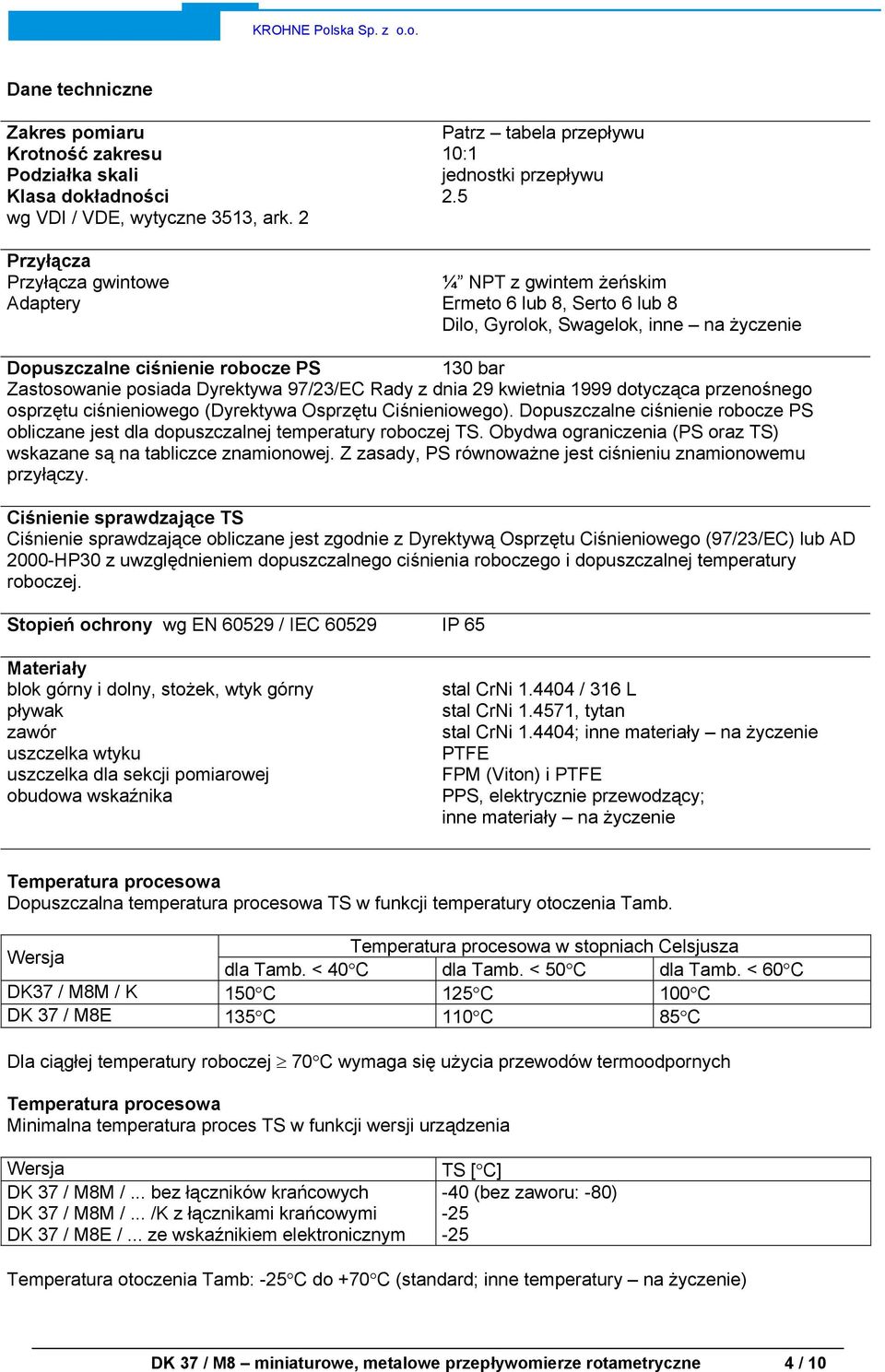 5 ¼ NPT z gwintem żeńskim Ermeto 6 lub 8, Serto 6 lub 8 Dilo, Gyrolok, Swagelok, inne na życzenie Dopuszczalne ciśnienie robocze PS 130 bar Zastosowanie posiada Dyrektywa 97/23/EC Rady z dnia 29