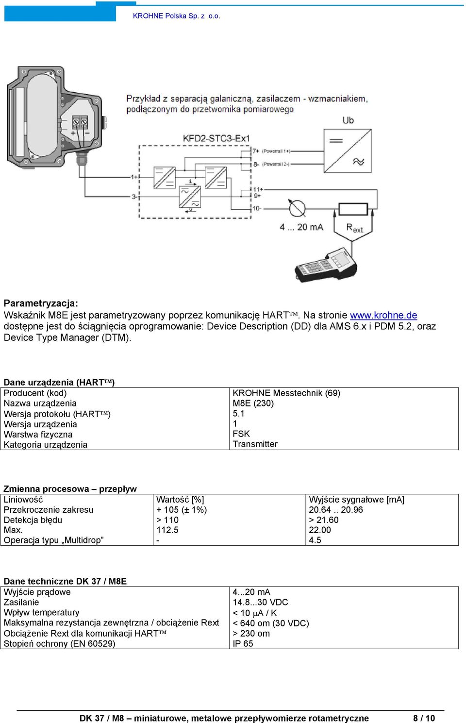 Dane urządzenia (HART ) Producent (kod) Nazwa urządzenia Wersja protokołu (HART ) Wersja urządzenia Warstwa fizyczna Kategoria urządzenia KROHNE Messtechnik (69) M8E (230) 5.