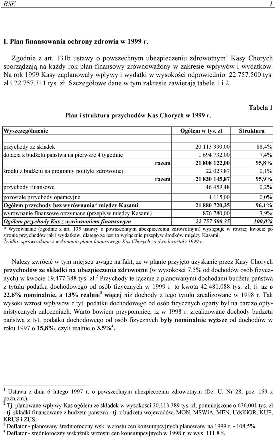 Na rok 1999 Kasy zaplanowały wpływy i wydatki w wysokości odpowiednio: 22.757.500 tys. zł i 22.757.311 tys. zł. Szczegółowe dane w tym zakresie zawierają tabele 1 i 2.