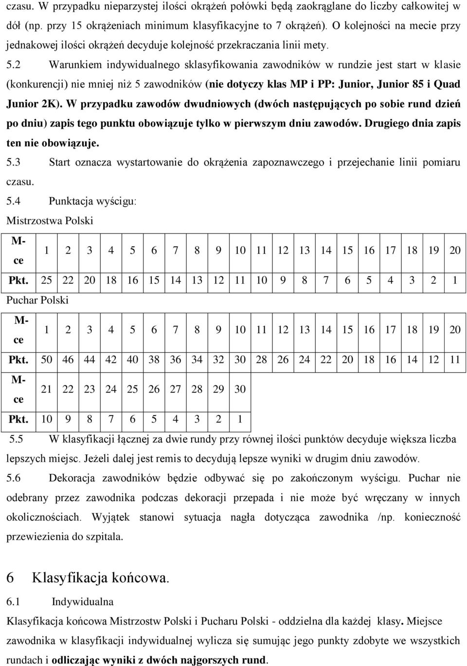 2 Warunkiem indywidualnego sklasyfikowania zawodników w rundzie jest start w klasie (konkurencji) nie mniej niż 5 zawodników (nie dotyczy klas MP i PP: Junior, Junior 85 i Quad Junior 2K).